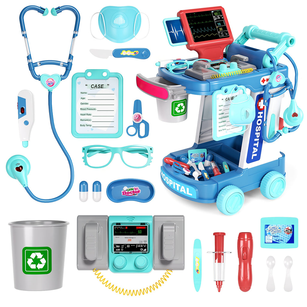Jovow, Doctor Game Medical Cart Set, Movable Doctor Toy Table, Doctor Nurse Role-Playing, Various Medical Equipment Toys with Stethoscope Thermometer, Birthday Gift, Thanksgiving Christmas Gift