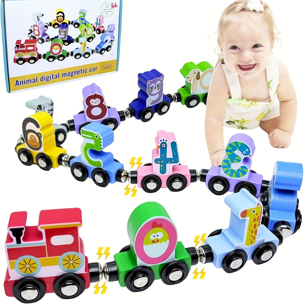 12 Magnetic Wooden Animal Digital Train Set | Suitable For Toddlers Aged 1-3 Years, Ideal Christmas, Birthday, Easter Gift For And, Includes Storage Bag
