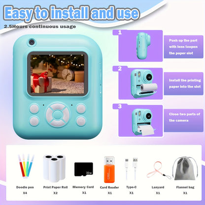 Instant Printer Camera for Kids - Camera Game MP3 3-in-1, Instant Print Photos In 1 Second, Puzzle Games, 10x Digital Zoom, 2.4'' HD Screen, Photography - 32G Card, Card Reader, USB Cable, Lanyard, Print Paper, Storage Bag - Perfect Halloween