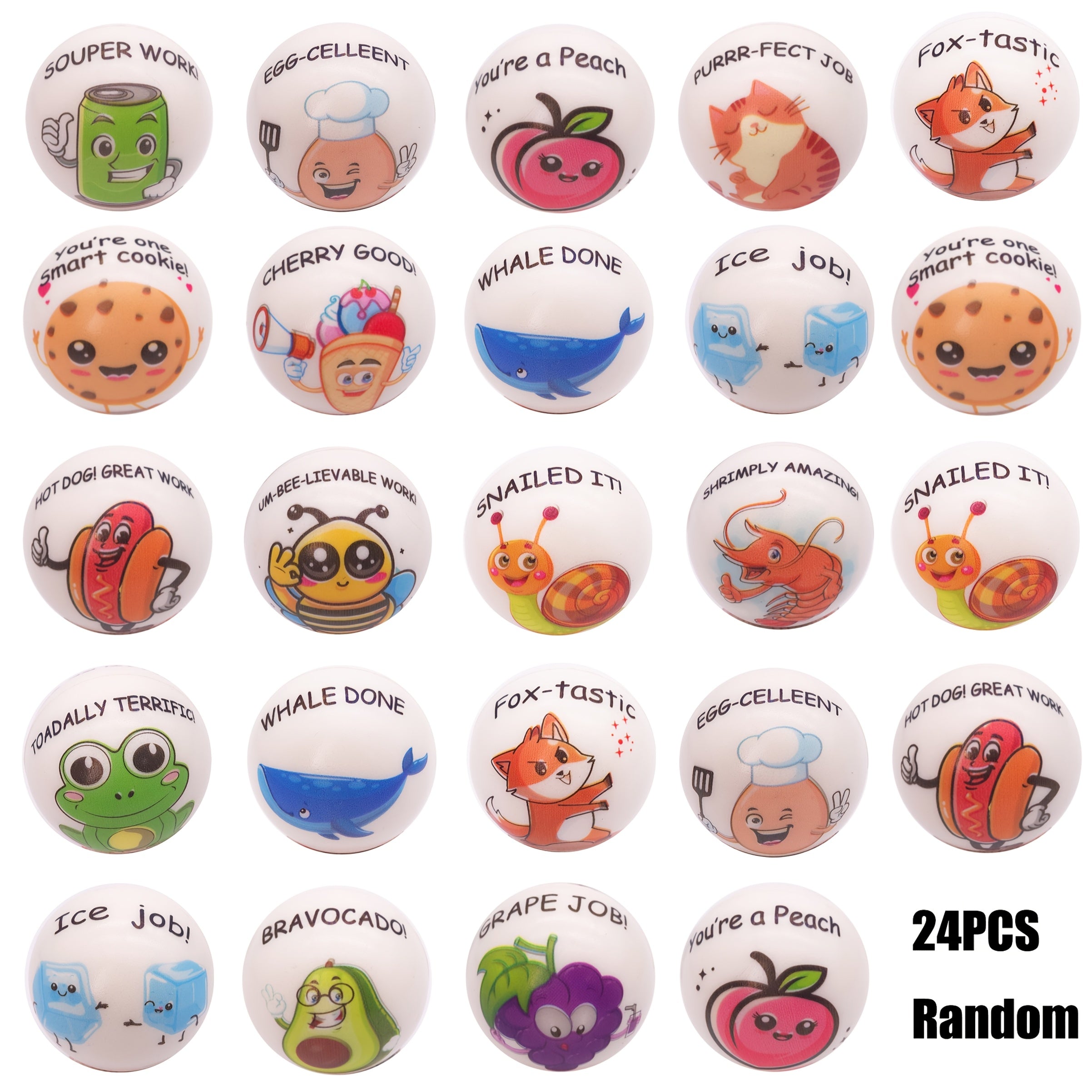 24-Pack 6. 1.18inch Motivational Animal Relax Squeeze Balls With Inspirational Quotes - Soft TPU White Sensory For Classroom, Office, Party Favors & Team Building Gifts, Classroom Activities, Cartoon Animal Theme, Thermoplastic Polyurethane Random Patter