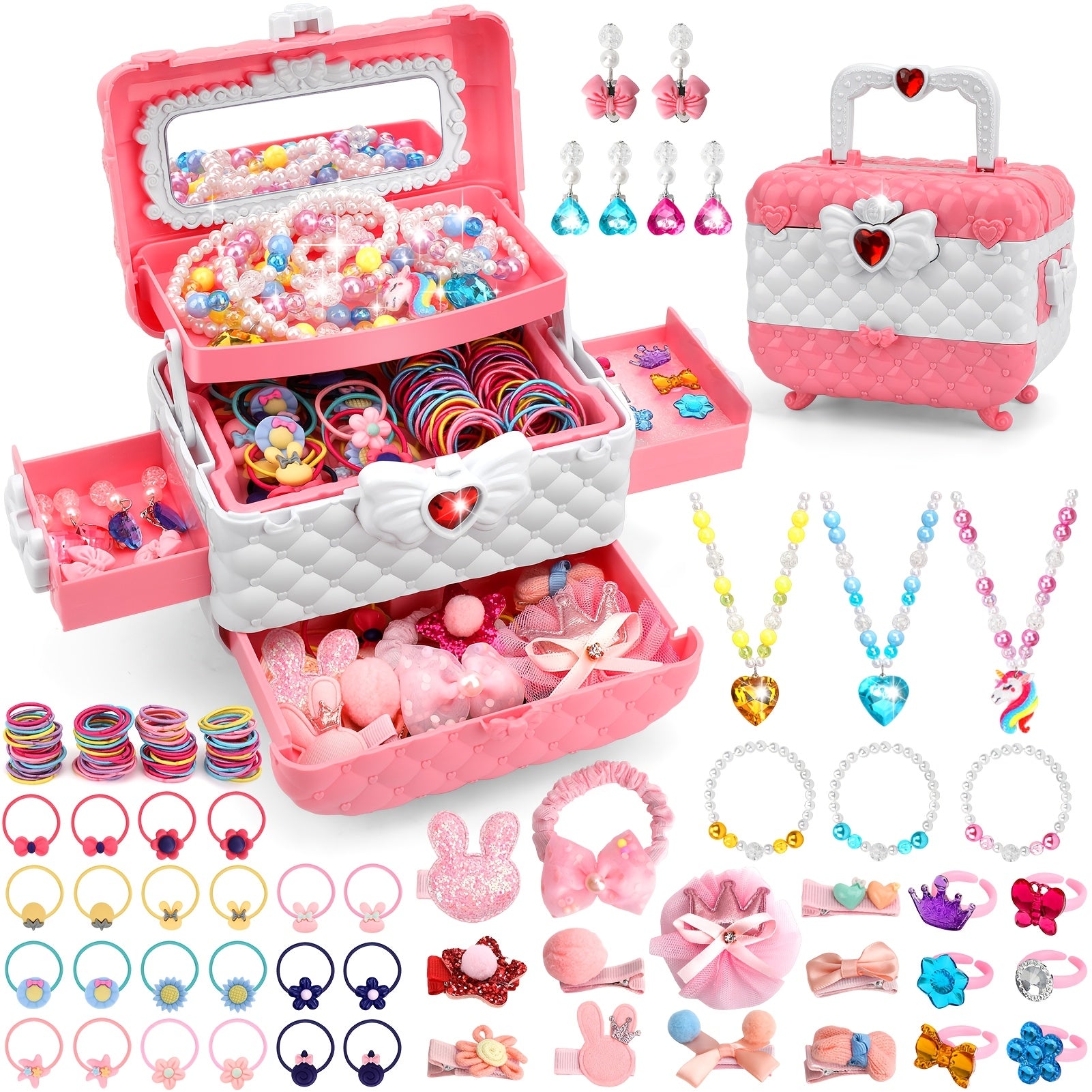 152pcs of Kids' Jewelry, Toys, Costume Jewelry, Dress-Up Additions, And Hair Items Including Clips And Bands Suitable for Children Aged 3 And Above, Perfect As Birthday Presents for Girls And Gifts for Day