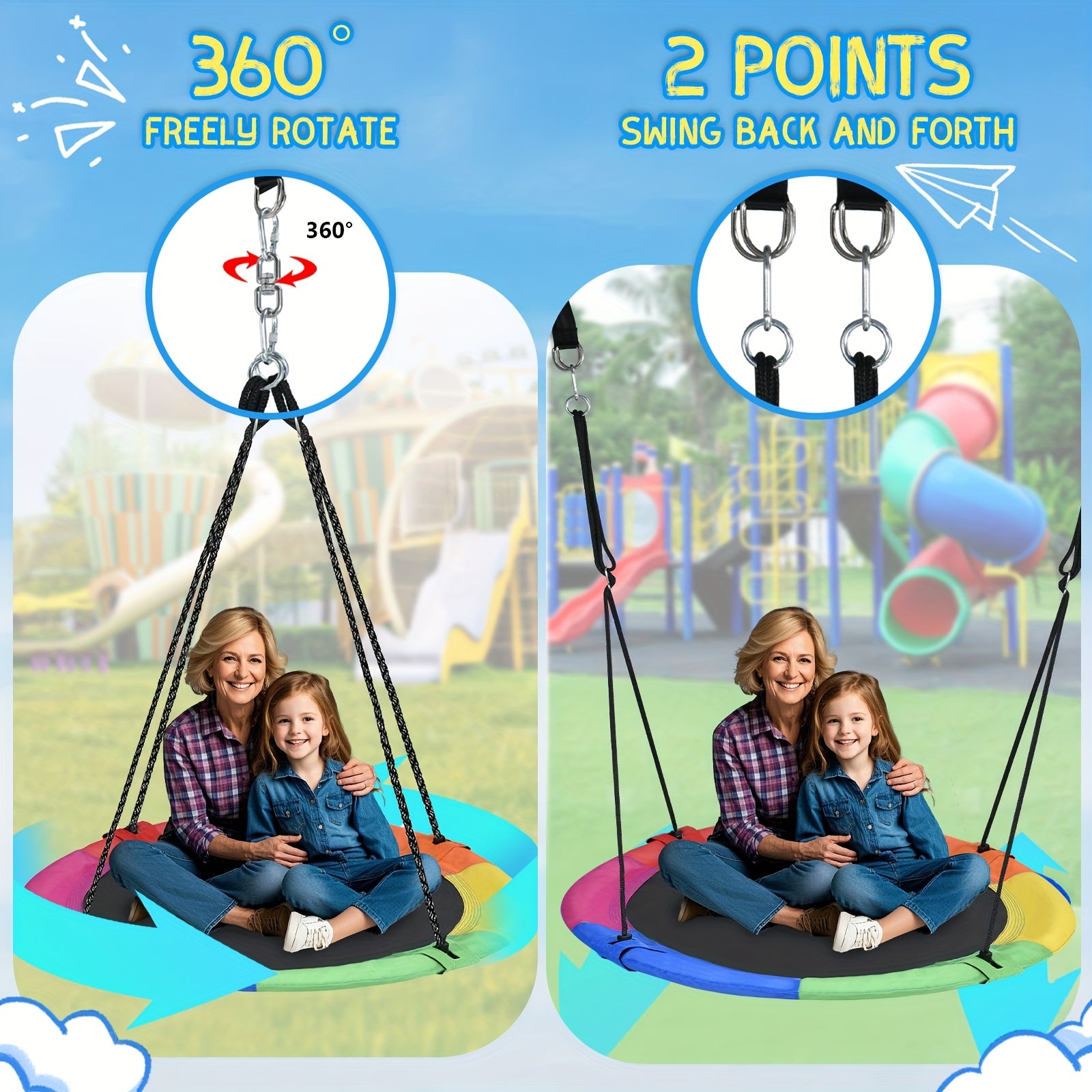 43" Large Rotating Saucer Swing for Kids, 360° Spinner Swing with Swivel, Adjustable Ropes And Hanging Straps, Outdoor Tree Or Swing Set Accessory, Durable Round Mat for Playground Or Backyard, Day Gift