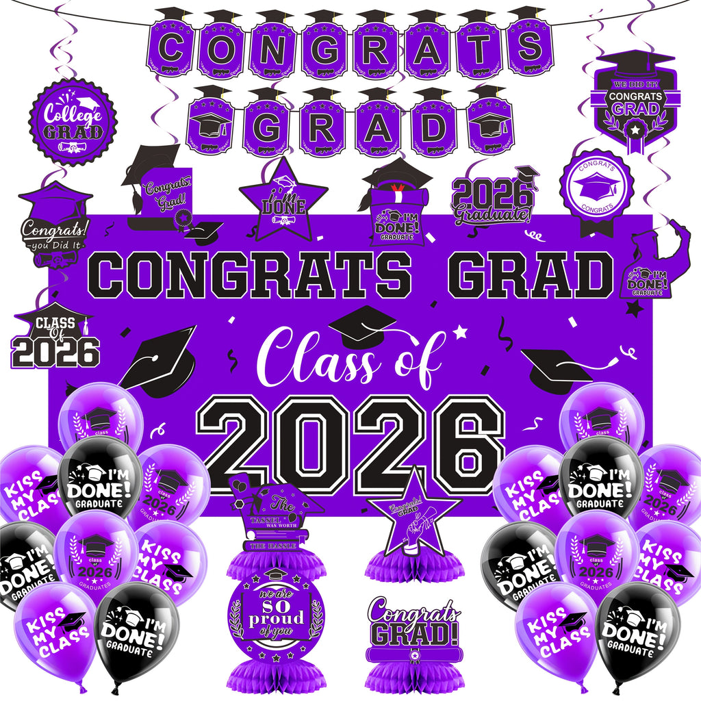 Graduation Decorations Class Of 2026, Golden Themed Graduation Decorations Set, Class Of 2026 Backdrop Banner, Graduation Hanging Swirl, Balloons And Honeycomb Supplies For Graduation Party