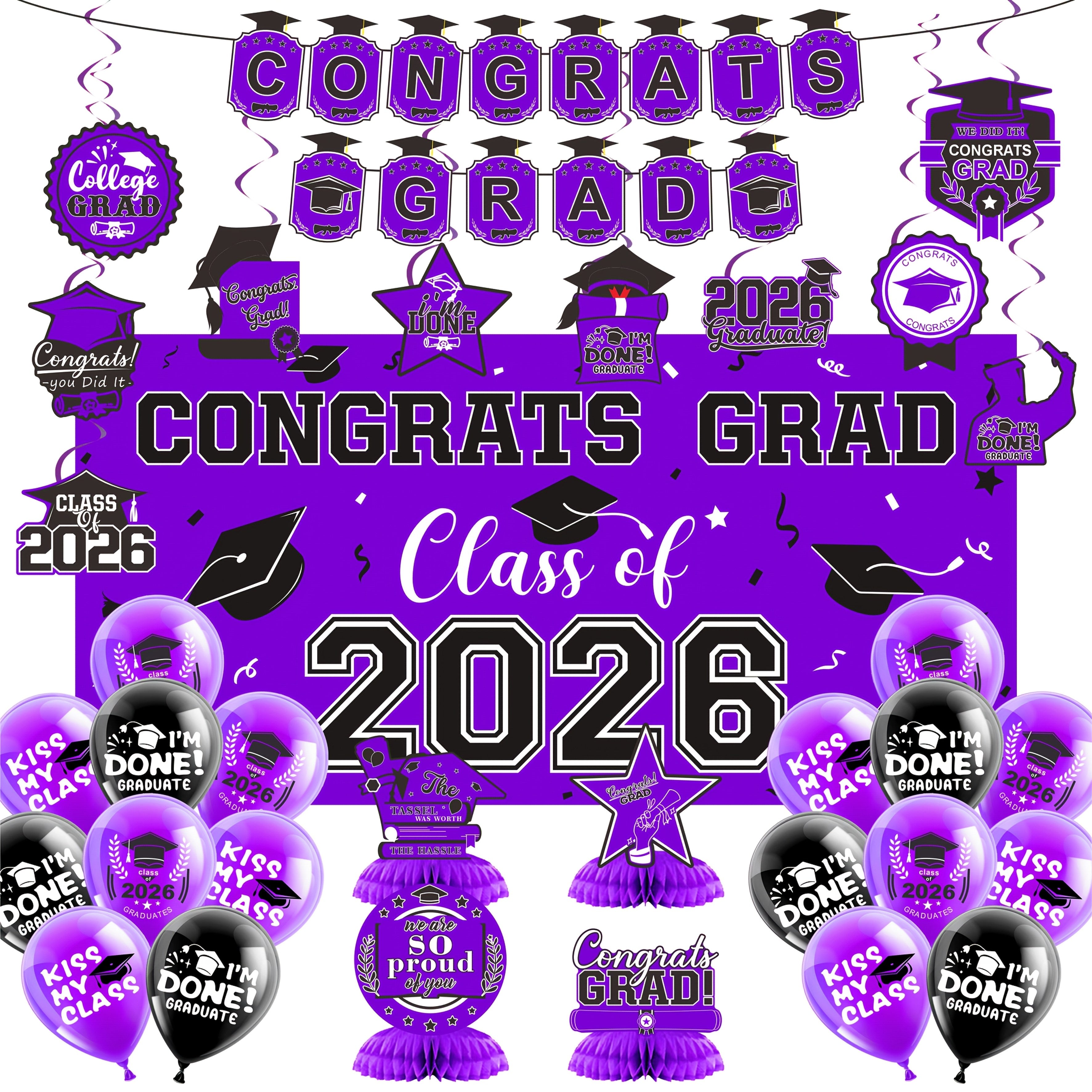 Graduation Decorations Class Of 2026, Golden Themed Graduation Decorations Set, Class Of 2026 Backdrop Banner, Graduation Hanging Swirl, Balloons And Honeycomb Supplies For Graduation Party