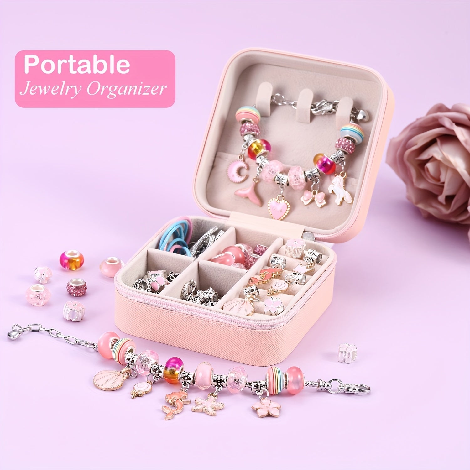 Pink Gifts for Girls - Pink Bracelet Making Set (with A Pink Portable Jewelry Box),Unicorn/Mermaid Crafts, Jewelry Making Crafts for Girls Aged 18+, Birthday Christmas Jewelry Gifts, Christmas Day, CNY, Graduation Gifts, Handmade Jewelry