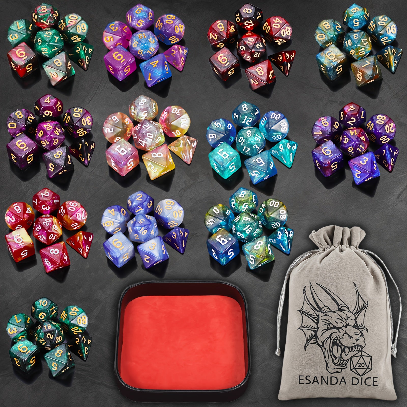 84pcs Starry Night Glitter Polyhedral Dice Set with Dice Pouch/Tray, for D&D RPG MTG Roleplaying Tabletop Game, Great Dice Collection/gift for Halloween& Christmas& Easter& Gaming