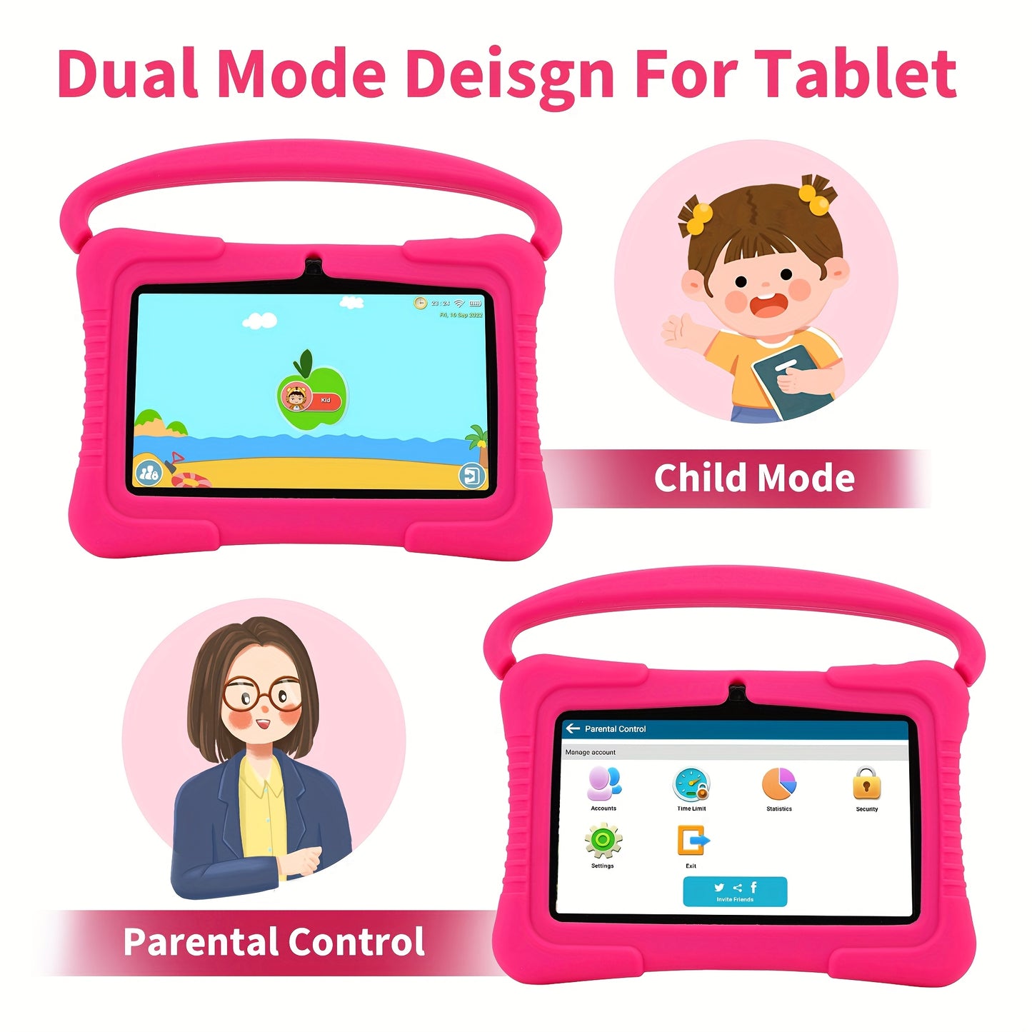 Veidoo Kids Tablet, 7 Inch Android Tablet PC, 2GB RAM 16GB ROM, Safety Eye Protection Screen, WiFi, Dual Camera, Games, Parental Control APP, Tablet with Silicone Case1