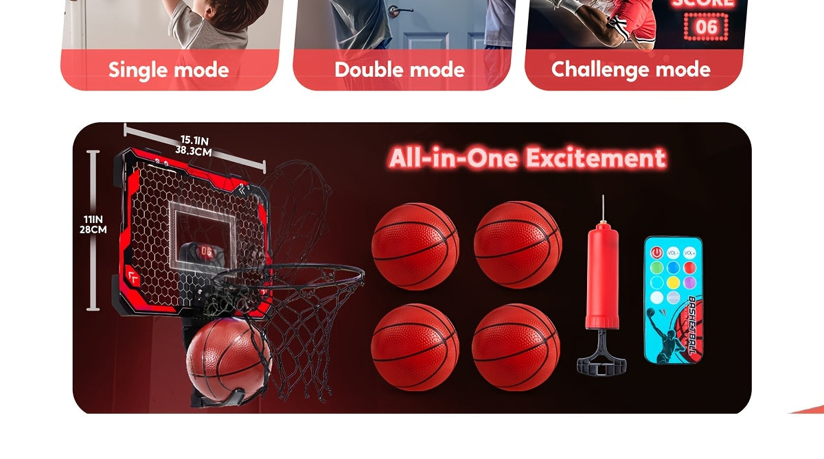 Mini Indoor Basketball Hoop, Light Up Over The Door Basketball Hoop for Kids with Scoreboard & 4 Balls, Bedroom Indoor Basketball, Basketball Toys Gifts for Boys Girls Ages 3 and UP(Red)