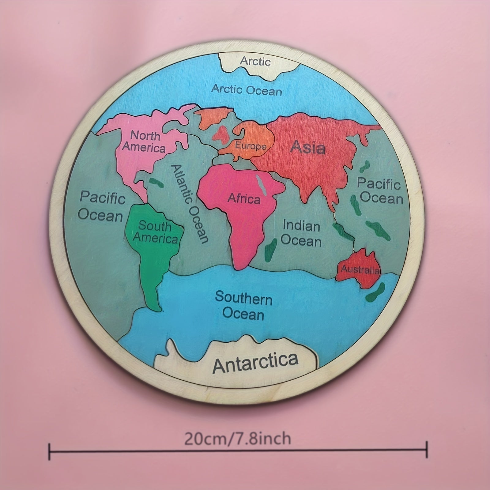 7.8 X7.8 In/20X20Cm Wooden Seven Continents Color Puzzle, Geography Children's Puzzle Learning Geometric Toy Gift, Educational Gift