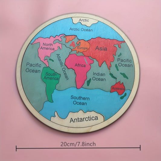 7.8 X7.8 In/20X20Cm Wooden Seven Continents Color Puzzle, Geography Children's Puzzle Learning Geometric Toy Gift, Educational Gift