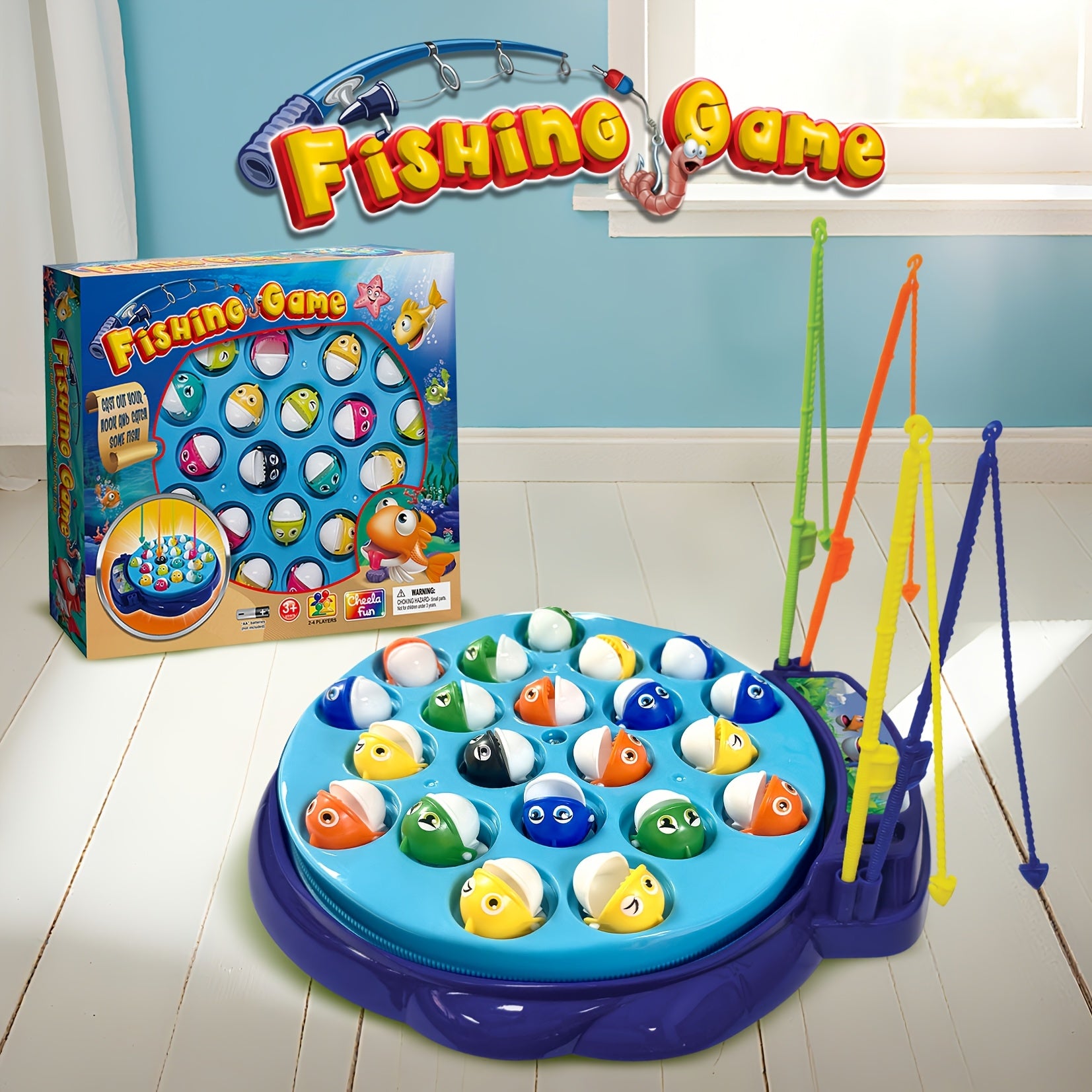 Cheela Fun Fishing Game for Kids, Rotating Fish Board Game, Original Fast-Action Fishing Game. Includes 21 Fish, 4 Fishing Rods. Require 1xAA Battery (not Included). Ideal for Holiday & Birthday Presents.