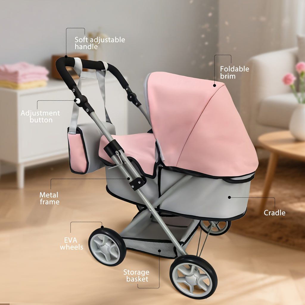 Novocreation Adjustable Height & Foldable for doll Stroller - Light Gray/Pink, 16-20 Inch for dolls, Durable Plastic with Storage Basket & Ergonomic Handle, Ideal Gift for Doll Accessories, for doll Stroller, Playful Design, Sturdy Construction
