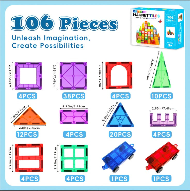 [Birthday Gifts] 80/106/136pcs Magnetic Tiles for Kids, Magnetic Building Blocks With 2 Cars, Magnet Tiles Construction Building Toys, STEM Sensory Toys Birthday Gifts Toys for Kids Boys Girls 3 4 5 6 7 8 9+ Year