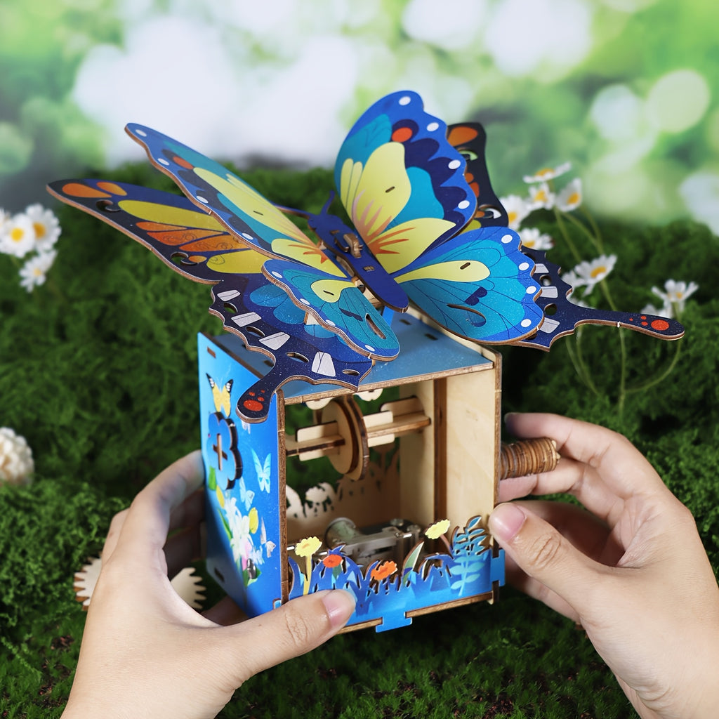 3D Wooden Puzzle Hand Butterfly Music Box You Are My Sunshine Handmade Assembly Model Kit Holidays Birthdays Christmas Gifts Halloween Party Favors