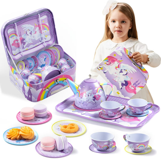 Unicorn Princess Tea Party Set For Little Girls: Purple Tin Teapot + Cups + Plates, Pretend Play Kitchen Toys For Kids, Perfect Easter/Birthday Gift For Kids Girls, Multi-Item Party Favor Packs For Children
