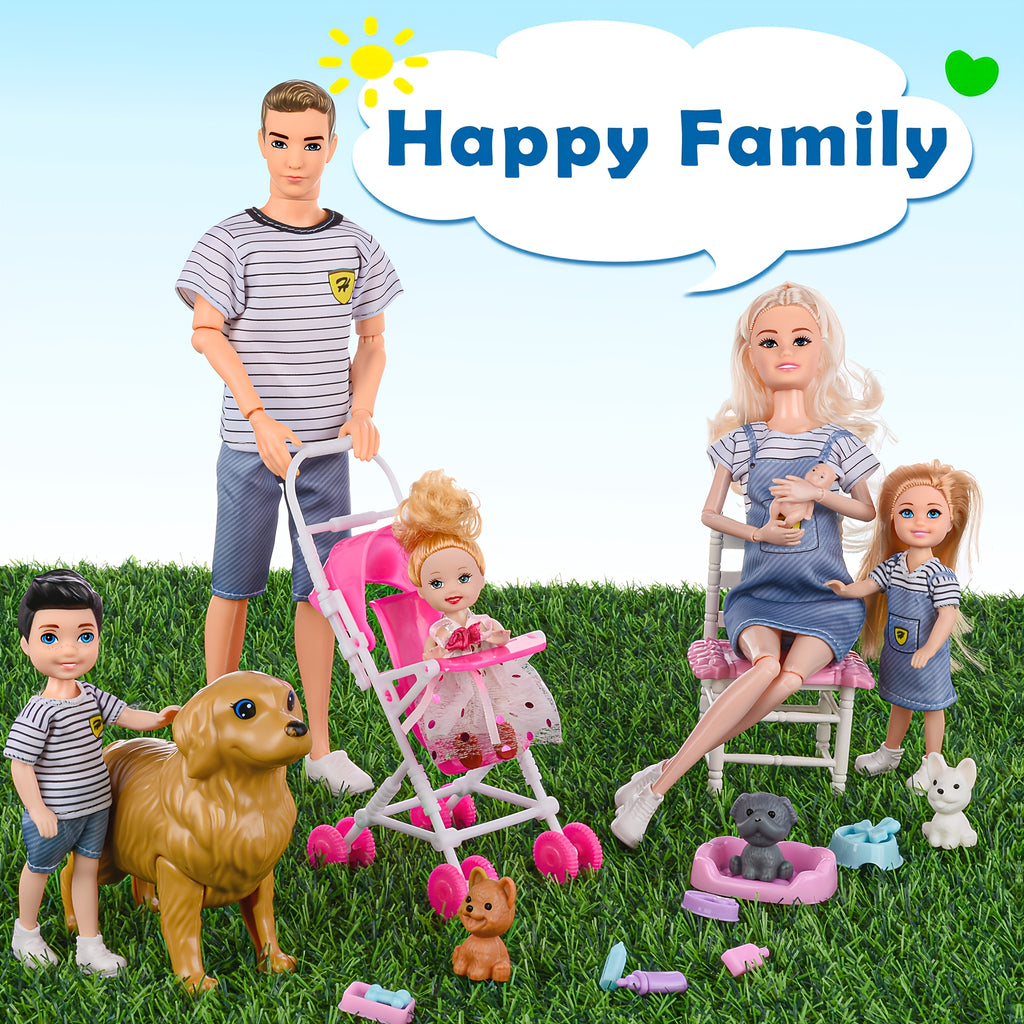 Family Doll Toy Set, Collectible Dolls with Pets and Other Accessories, Holiday and Birthday Gifts for Kids Ages 3+, 6 Dolls
