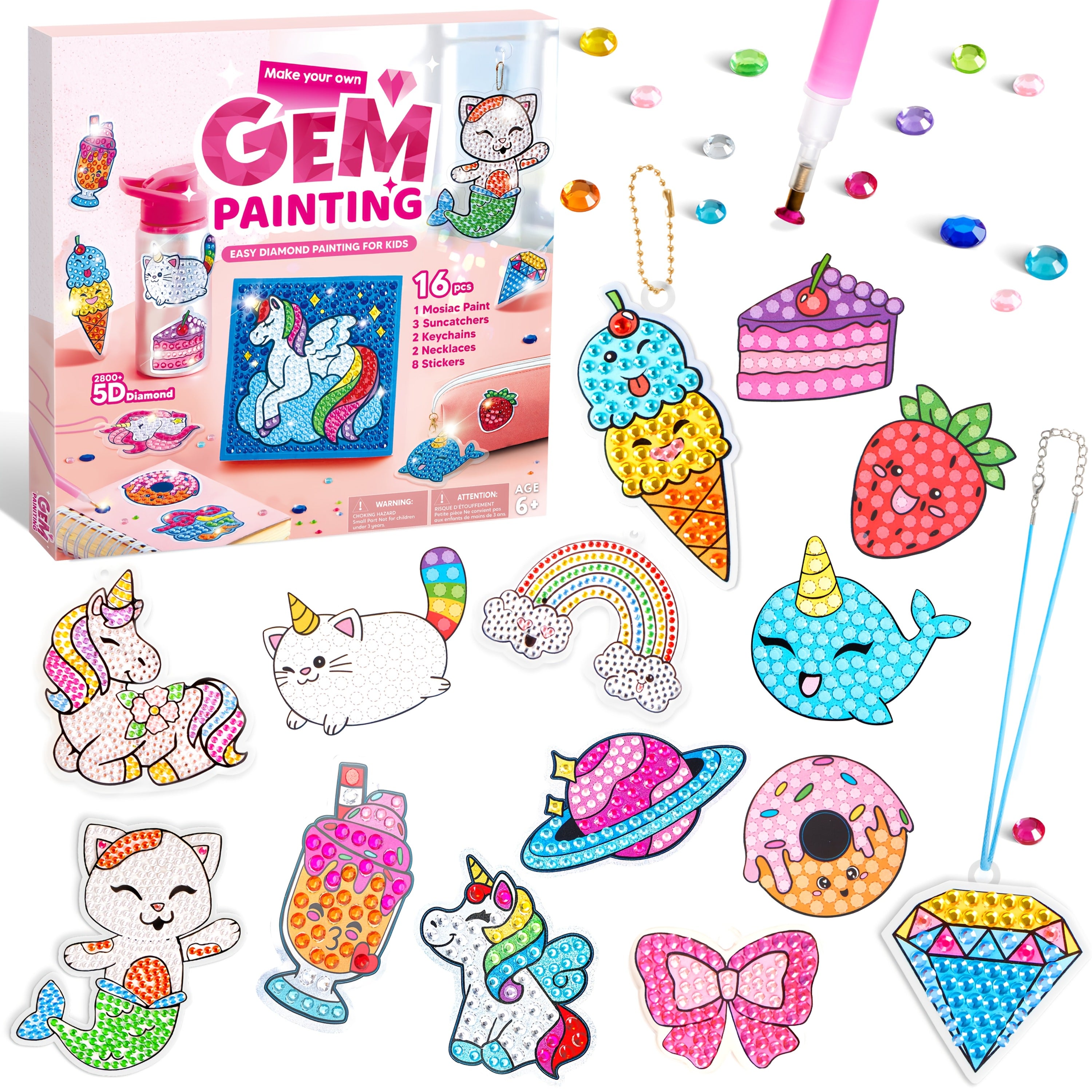 16 Projects Gem Painting Toy for Kids, Kids Diamond Gem Painting Kit with 5D Gem, Arts And Crafts for Girls Ages 6+, Gem Craft Activities Kits, Premium Art Gift Ideas for Birthday Christmas Easter Party