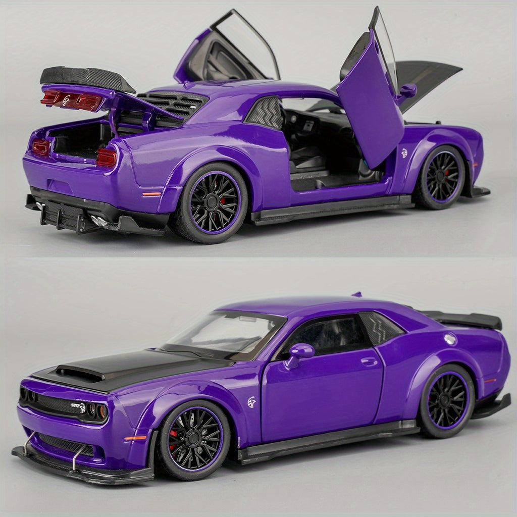 [Zinc Alloy Car Model] Purple Dodge Sports Car Zinc Alloy Car Model with Display Base - High Simulation Static Display Ornament with Openable Doors, Highly Restored Details, Ideal Home Desktop Decoration, Must-Have Collectible for Model Car Enthusiasts