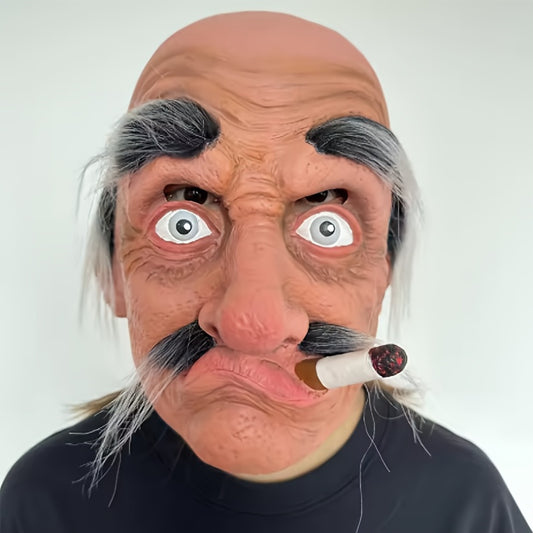 Realistic Smoking Elderly for Man Mask with Long Beard - Halloween Costume, Full Head & Facial Hair, for Cosplay, Theater, Pranks - Funny Grandpa Disguise for Adults - Costume Party Prop, Theatrical Accessory, Funky Style, Detailed Craftsmanship