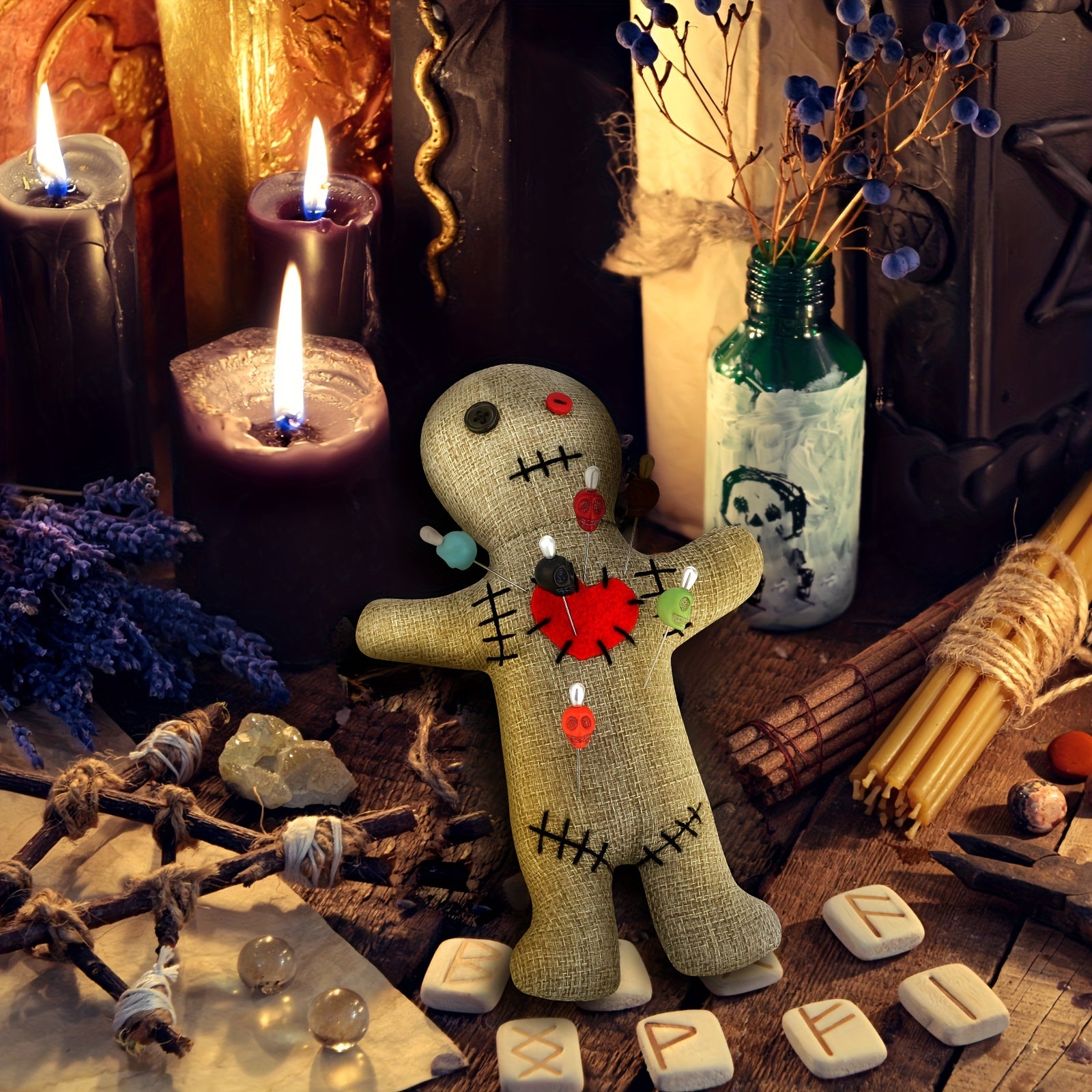 8pcs Voodoo Doll Set Include Horror Doll, 7pcs Skull Pins Ghost Doll Soft Revenge Dammit Creepy Dolls Pin Holder Voodoo Resin Metal Straight Pins Stress Relieving (Flaxen)