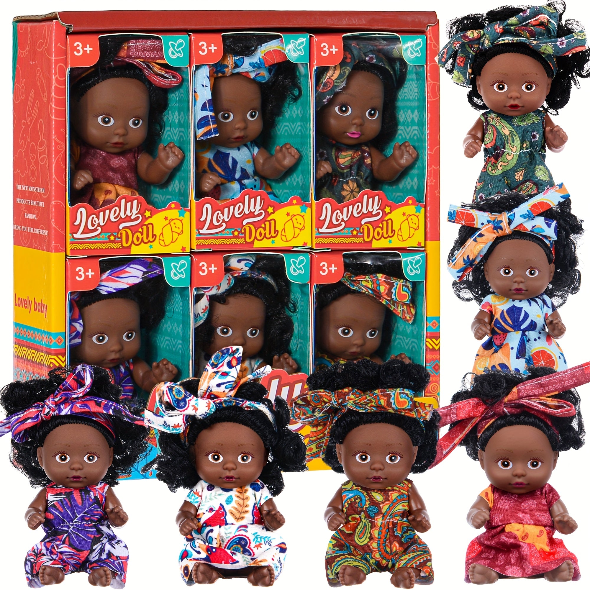 Set of 6 Miniature Girl Dolls, 4 Inches Tall, Realistic And Adorable, Perfect As Christmas Or New Year Gifts for Aged 3 And Up