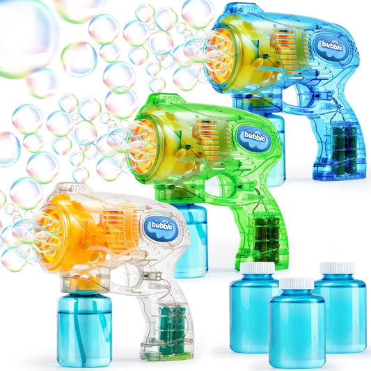 3 Pack Automatic Bubble Gun Blower Machine with 3 Pre-Loaded Solutions & Refills - No Pump/Hand-Powered Bubble Maker with Ergonomic Grip, Color-Changing Bubbles for Kids Birthday Party Favors, Easter Egg Hunt, Summer Outdoor/Indoor Play - Durable Plastic