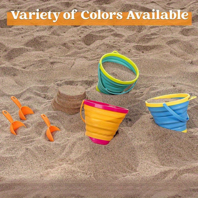 Foldable Beach Bucket Set - 3 Packs Collapsible Toy Buckets with Shovels and Mesh Backpack Party, Camping Gear, Travelling, Fishing Water Pail
