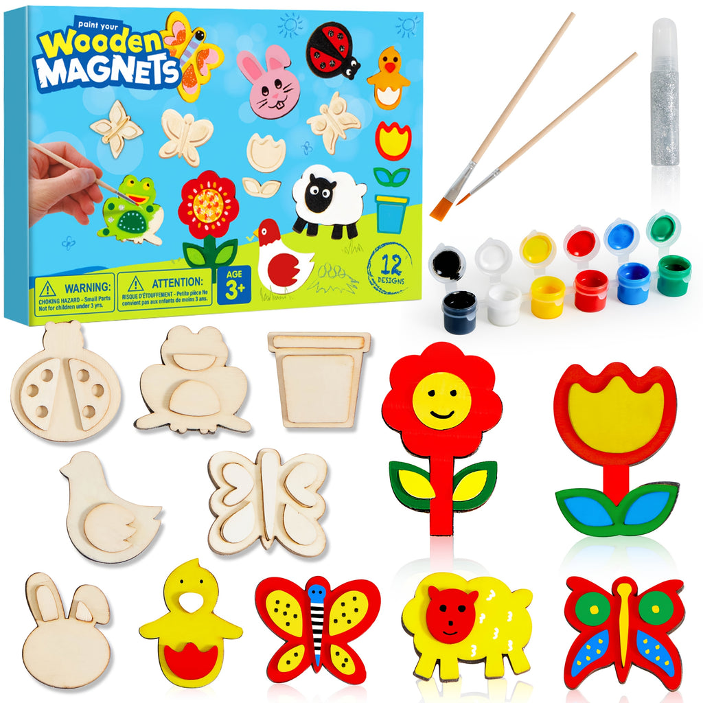 12 Wooden Magnet Creativity Arts & Crafts Painting Kit for Kids, Decorate Your Own Painting Gift for Easter Basket Stuffers, Birthday Parties And Family Crafts, Party Favors Toy for Boys Girls
