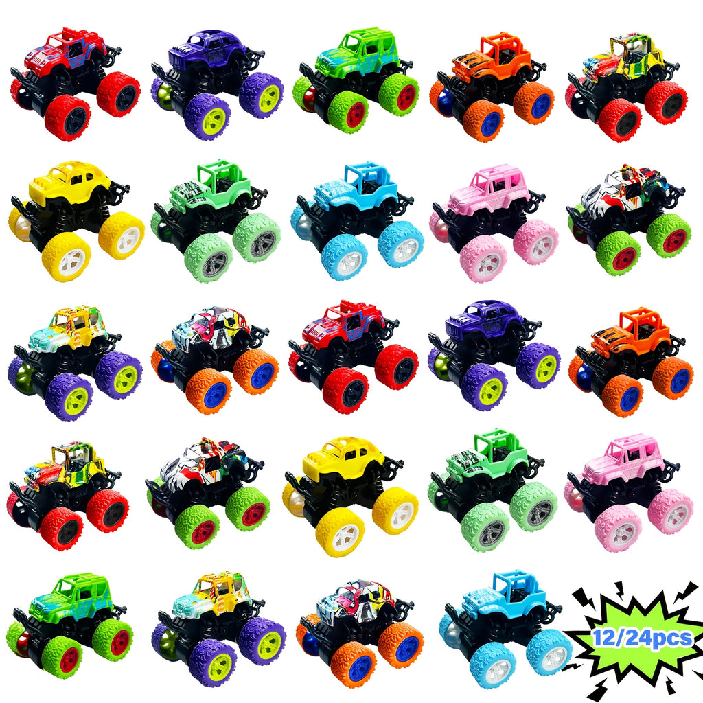 MEZHOBBY 12/24 Pack Truck Toys in Bulk for Boys And Girls, Mini Pull Back Truck Toy, Push And Go Friction Powered Car Trucks, Ideal for Kids And Teens, Stunt Toy Vehicles Playset for Birthday Party Gifts (Cool Design)