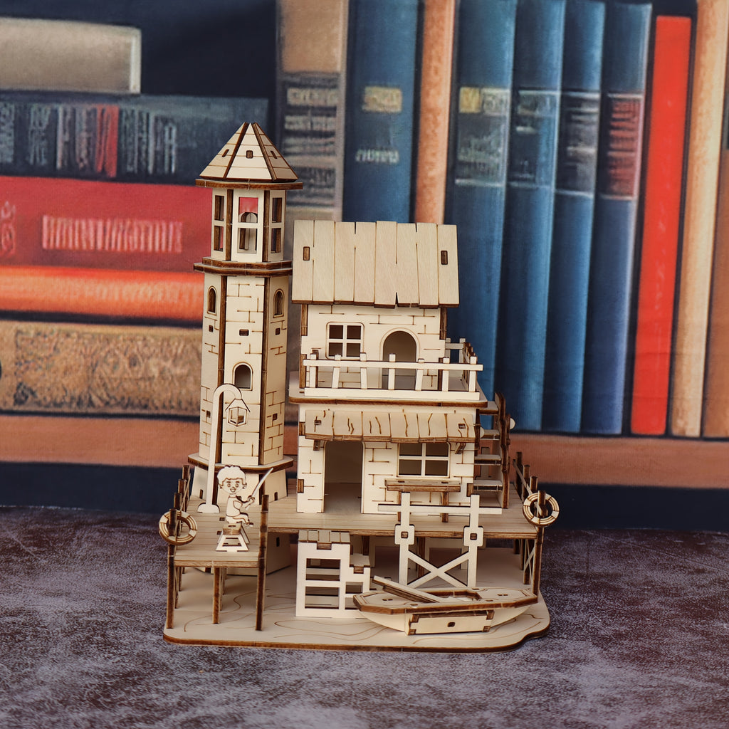 Fisherman'S Cabin Wooden Assembly Model Kit, Handmade 3D Wood Puzzle Fishing Village Building Model, Suitable for Holiday Gifts for Friends And Family