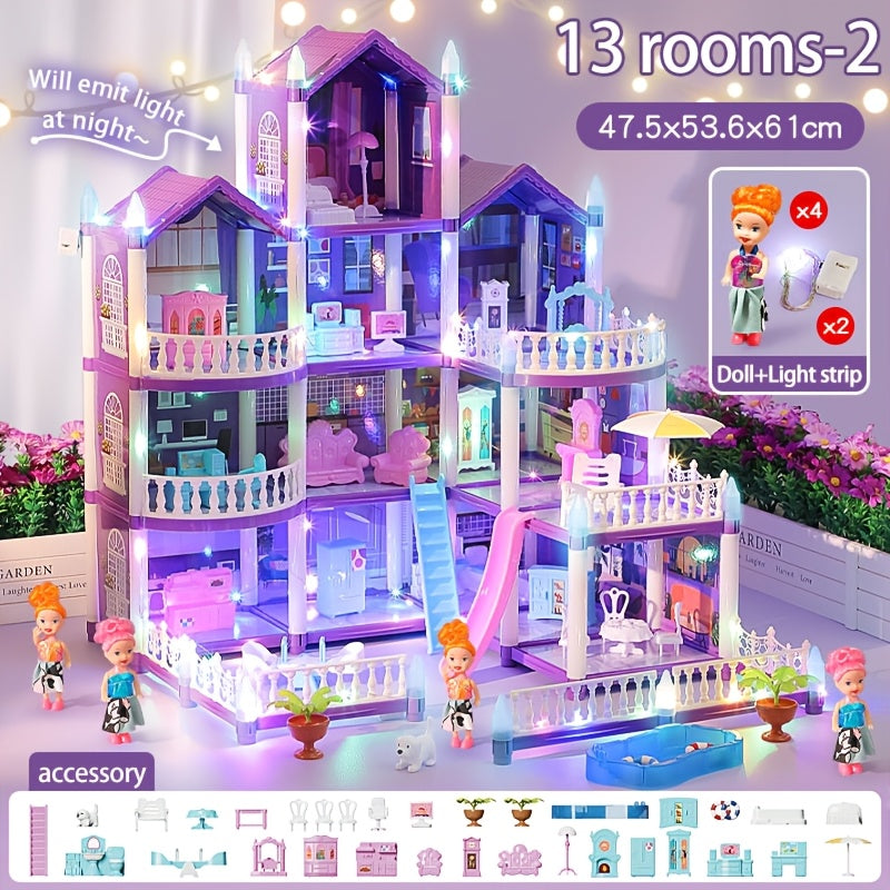 A Dollhouse Designed for Girls, Featuring 11 Rooms, Doll Figures, Puppies, Furniture, Additions, And LED Lighting, Making It an Ideal Playhouse Gift for Girls Aged 3 to 10