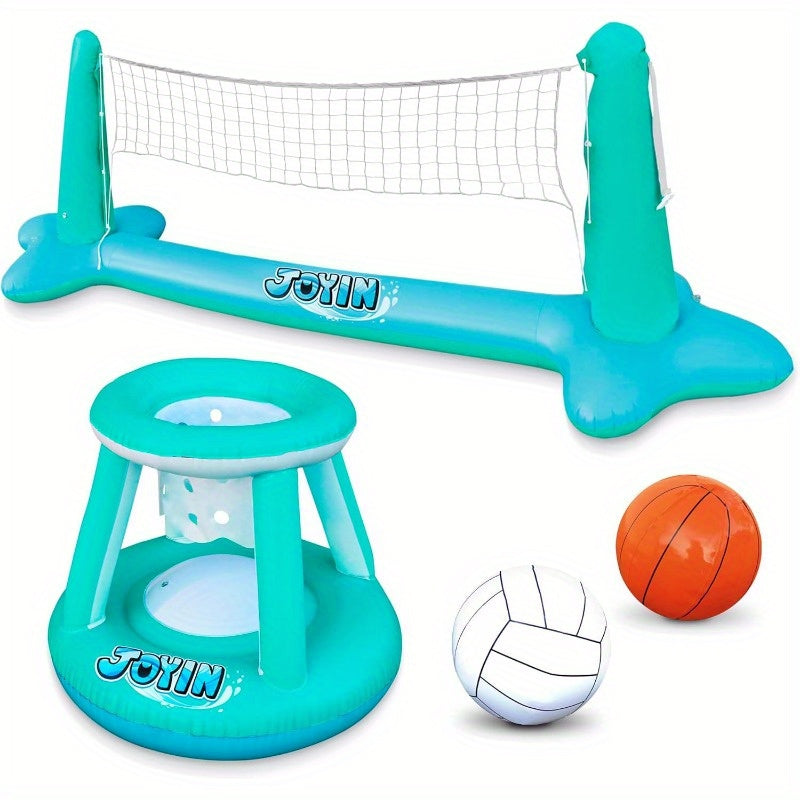 SYNCFUN Inflatable Pool Float Set Volleyball Net & Basketball Hoops, Floating Swimming Game Toy for Kids And Adults, Summer Floaties, Pool Party Games & Activities, Volleyball Court (105''x28''x35'') Basketball (27''x23''x27''), L-Blue
