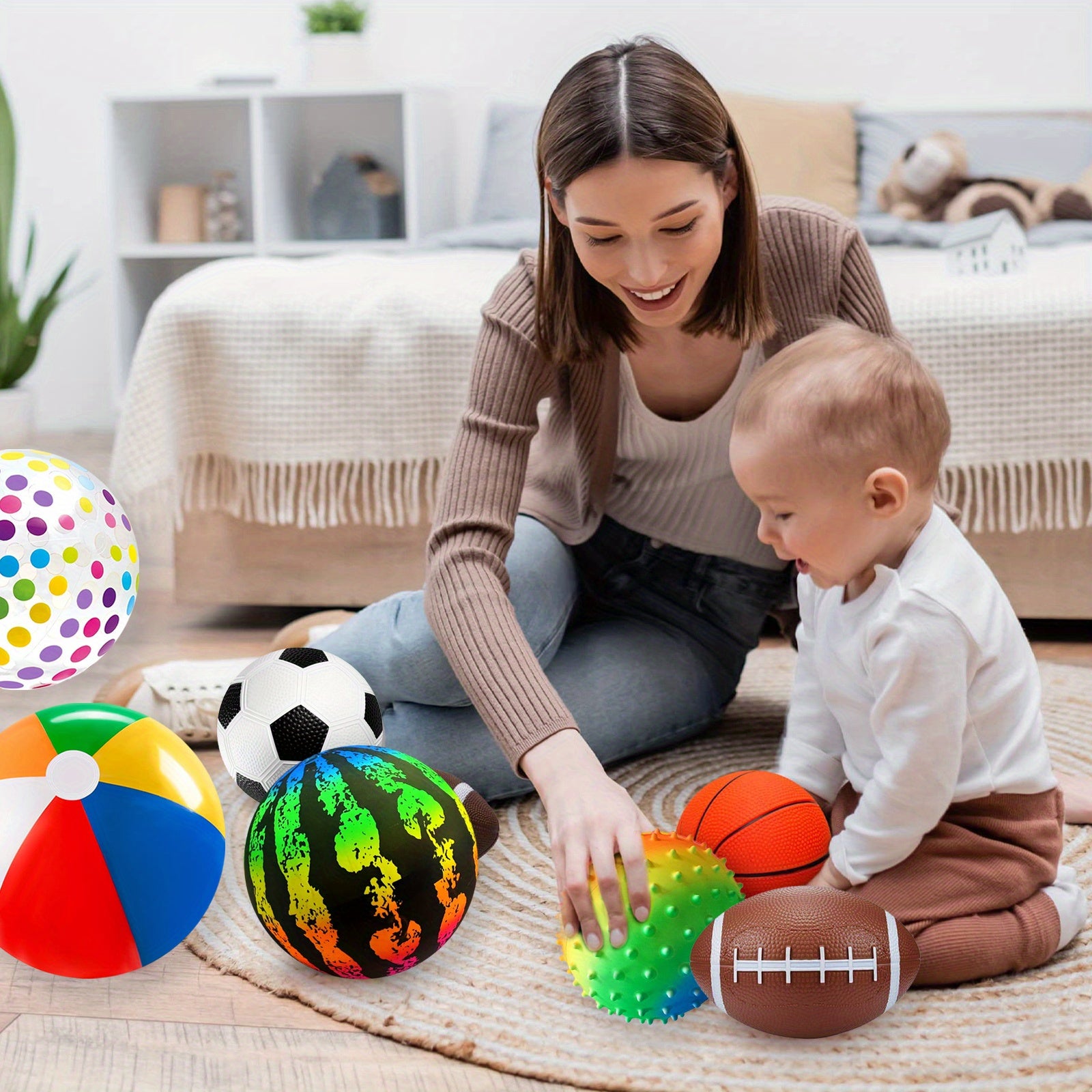 7pcs Ball Toy Set (with Air Pump) -10.6-inch Large Playground Ball to 6-inch Basketball/football/rugby, Suitable for Home, Yard, Pool, Classroom, Park Use, Ideal Party Gift for Children of 472.44inch+