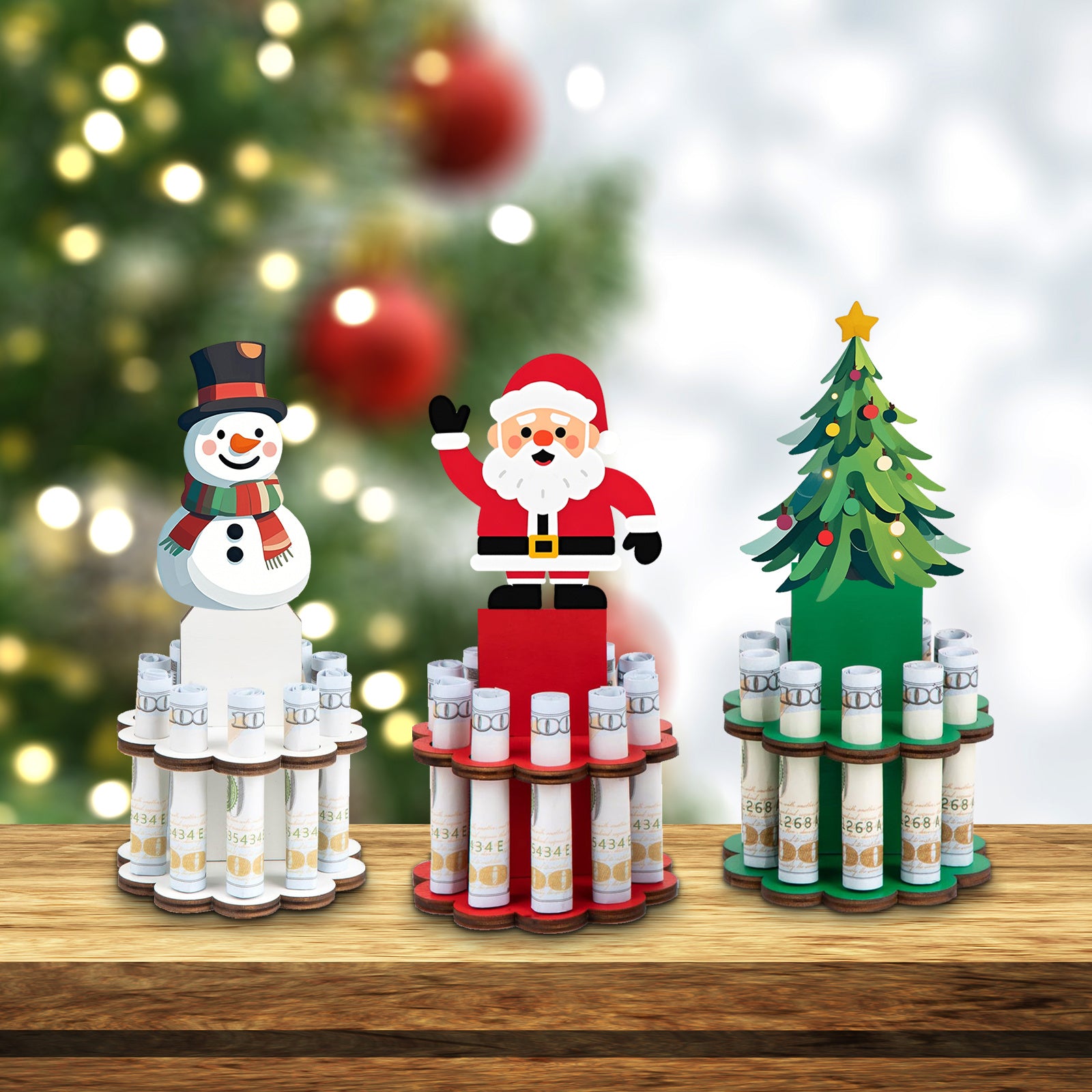 3SET Christmas Money Holder, Wooden Money Holders, Christmas Ornament Money Holder with 10 Holes, Money Dispenser Christmas Money Tree Table Decor for Winter Holiday Party Favors Supplies