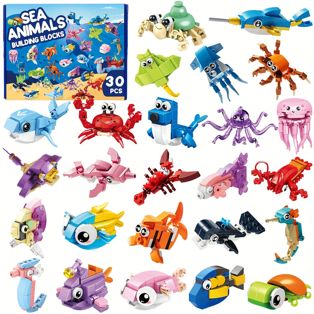 30pcs Pack Ocean Building Blocks Toys Suitable for Kids, Boys & Girls - Mini Marine-Themed Bricks with Blocks, Building Set for Birthday Party Favors, Classroom Prizes, Stocking Stuffers & Goodie Fillers