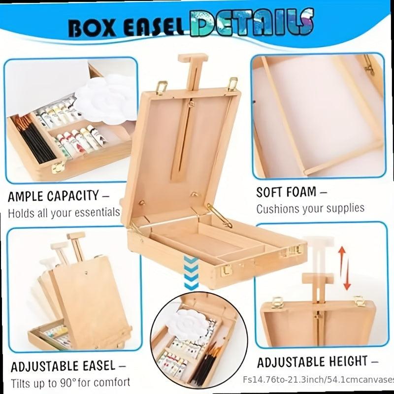 14pcs New Outdoor Painting Set Painting Box, Sketch Box, Portable Adjustable Wooden Tabletop Easel, Including Paint, Tray, Canvas, 4 Pens, Shovel