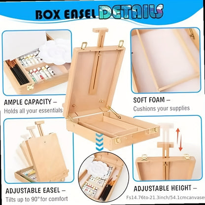 14pcs New Outdoor Painting Set Painting Box, Sketch Box, Portable Adjustable Wooden Tabletop Easel, Including Paint, Tray, Canvas, 4 Pens, Shovel