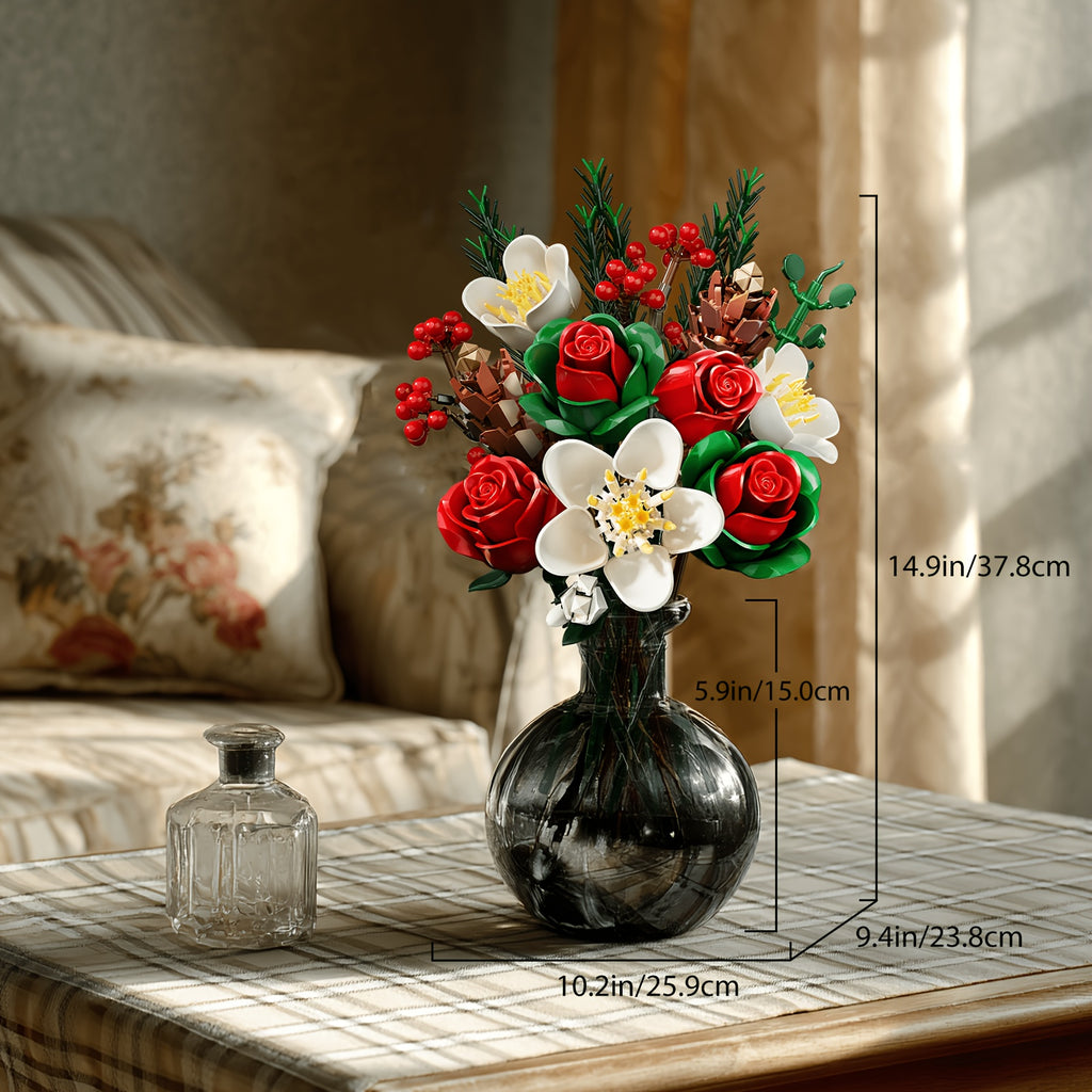 Rose and Lily Artificial Flower Decoration DIY Building Block Bouquet Toy Set, Girls' Birthday Gift, Mother's Day Gift, Rose Bouquet, Artificial Flower, Healing Flower Series Bouquet, Suitable for Desktop Decoration Flowers