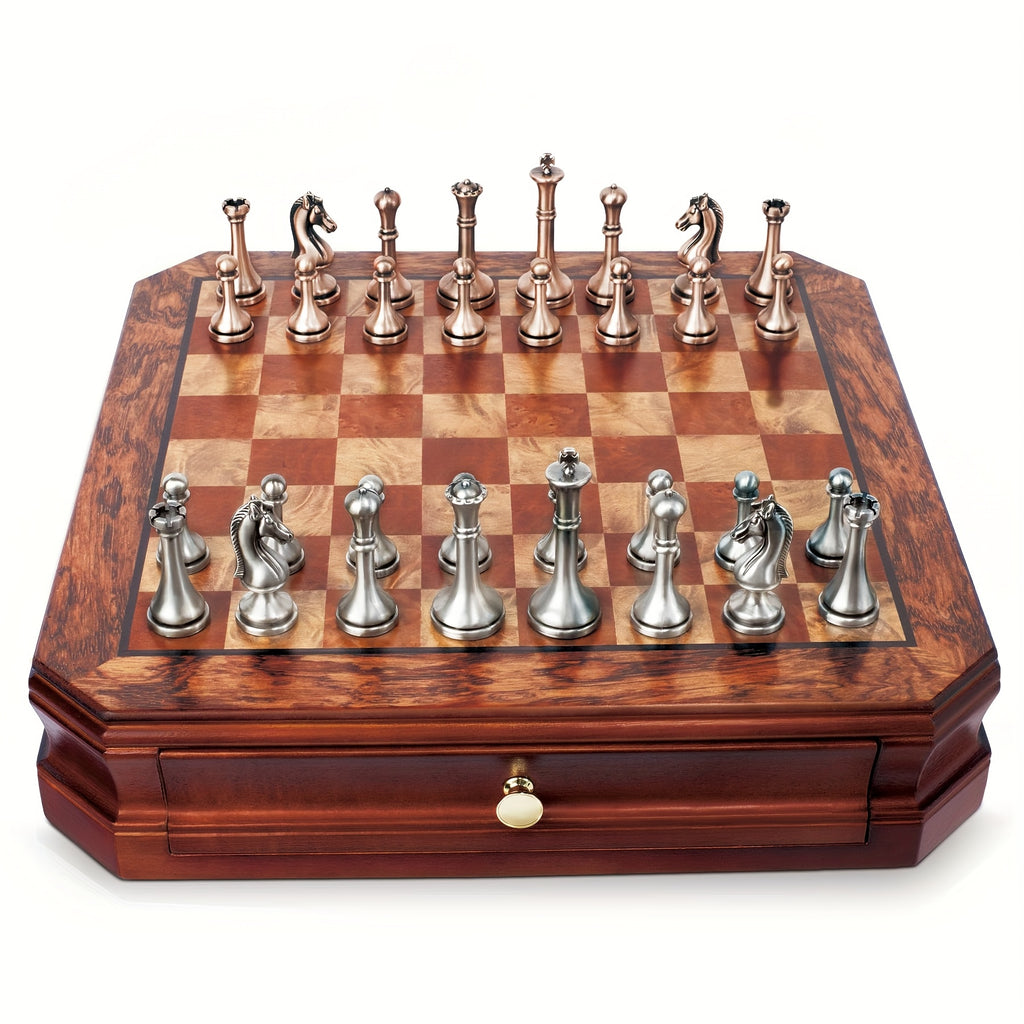 12 Inch Wooden Chess Set, Metal Chess Pieces And 2 Built-in Storage Drawers, 2.5" Kings 2 Extra Queens Suitable for Beginners, Adult Vintage Mahogany Chess Game, Christmas Gifts