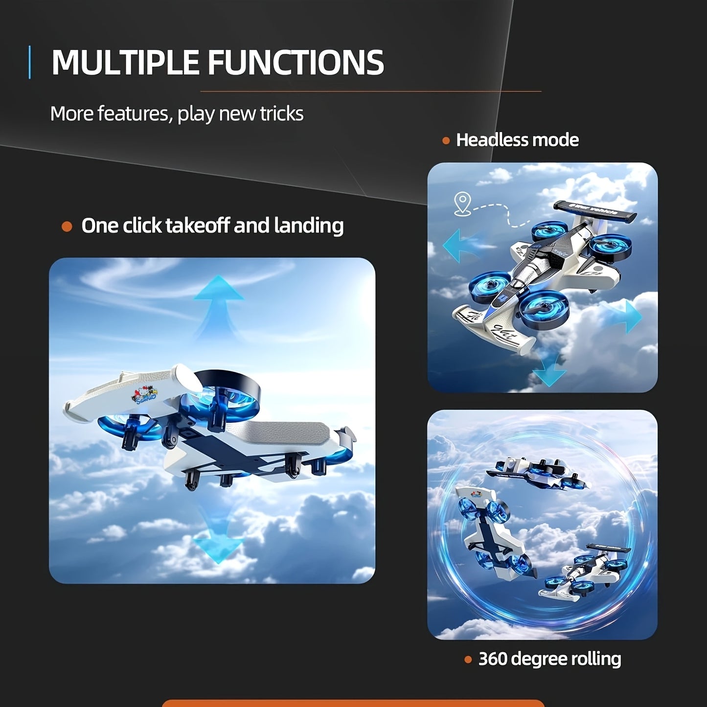 [Ideal Gift] Racing Car And Drone Combination, Remote-Controlled Flying Car, Foam Material. Features Include One-Key Takeoff, Stable Hovering, Racing Mode, And 360 ° Aerial Flips. An Ideal And Fun Birthday Gift