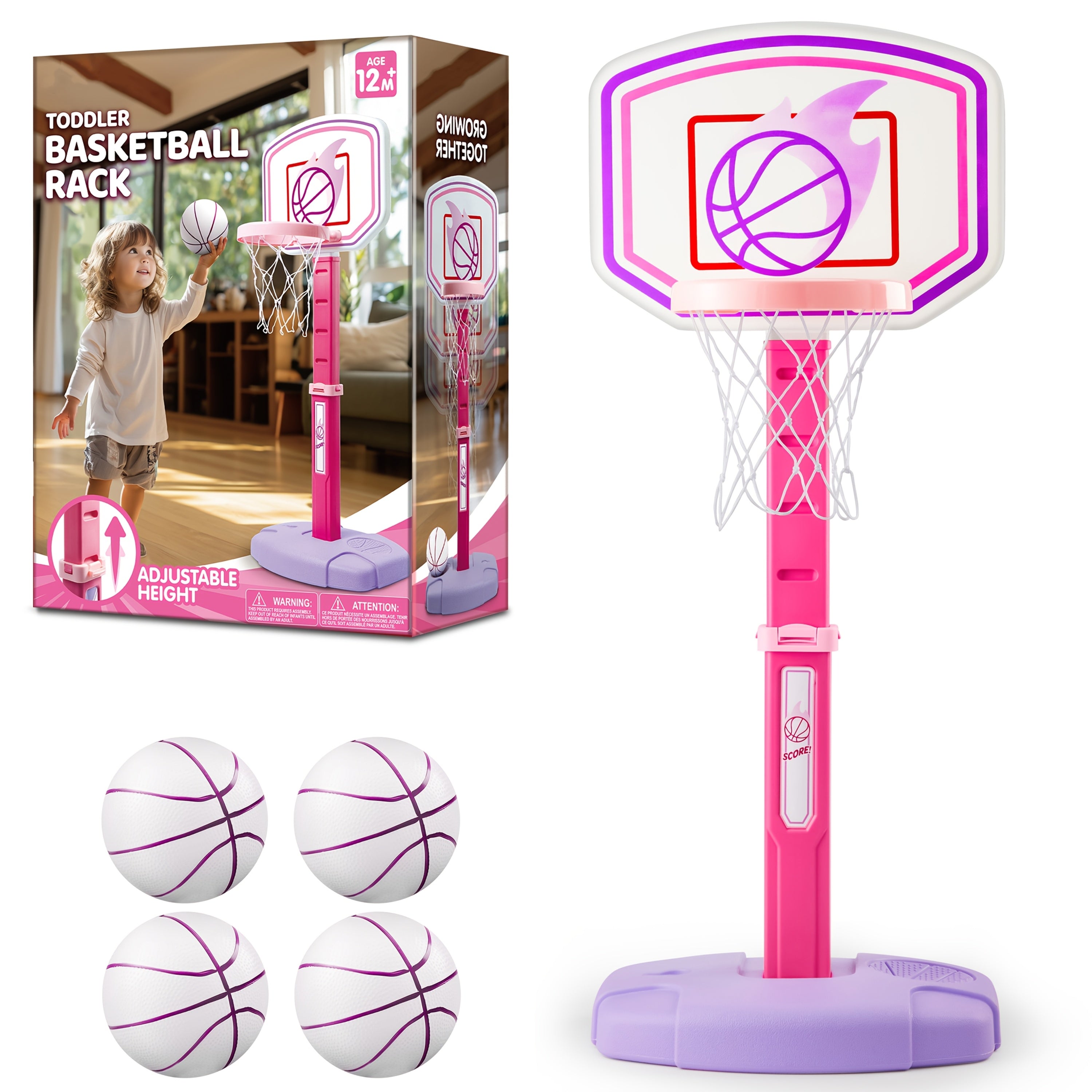 Toddler Basketball Hoop Adjustable Height Kids Basketball Goal with 4 Balls And Air Pump, Indoor Outdoor Sports Game, Christmas Birthday Easter Gift for Boys Girls Age 1+