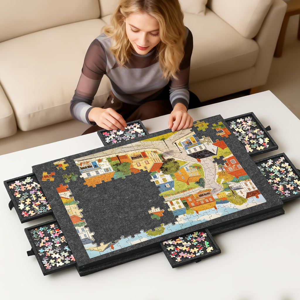 Foldaway Puzzle Board Felt Mat for Up to 1000/1500pcs Of Jigsaw Puzzle, Portable Puzzle Table with 6 Drawers (Extra Large)