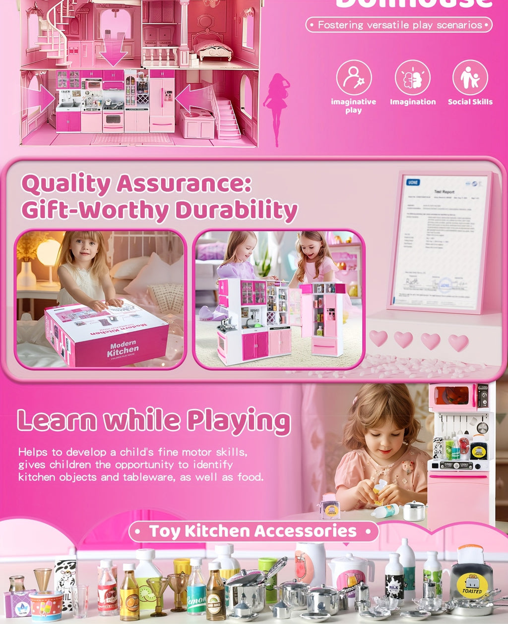 64pcs Pink Kitchen Toys with Lights And Sounds Mini Furniture Sets Doll Playset Toys