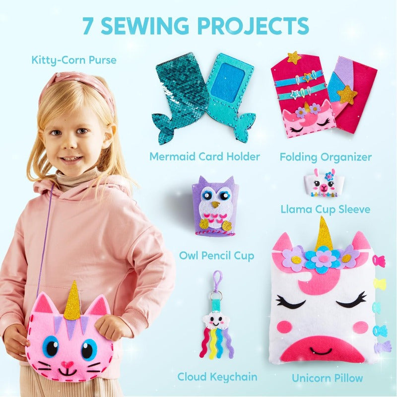 1 SET 7 Sewing Projects- My First Felt Sewing Kit Toys for Kids, Easy DIY Wildlife Artworks Of Unicorn Pillow And Mermaid Card Holder, Birthday Christmas Gift for Boys And Girls Aged 6+