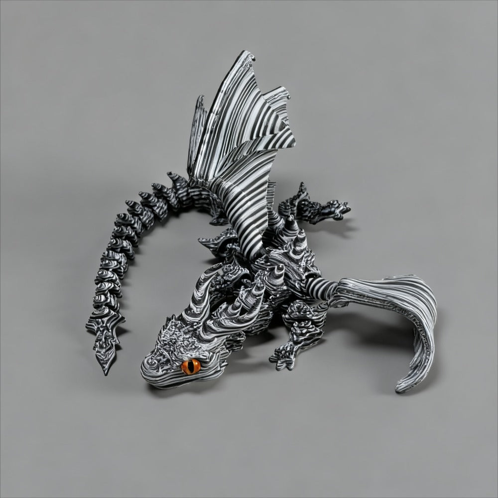 [3D Printed Dragon Statue] Cybernetic Dragon Statue, Random Eye Color - 3D Printed Black & White Swirl Figurine, Articulated Collectible Art for Desktop Display, Perfect for Teens 14+
