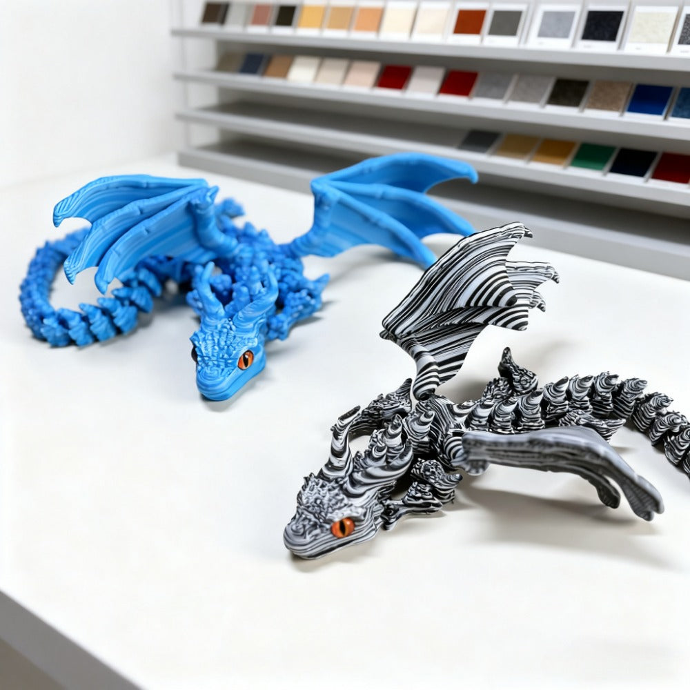 [3D Printed Dragon Statue] Cybernetic Dragon Statue, Random Eye Color - 3D Printed Black & White Swirl Figurine, Articulated Collectible Art for Desktop Display, Perfect for Teens 14+