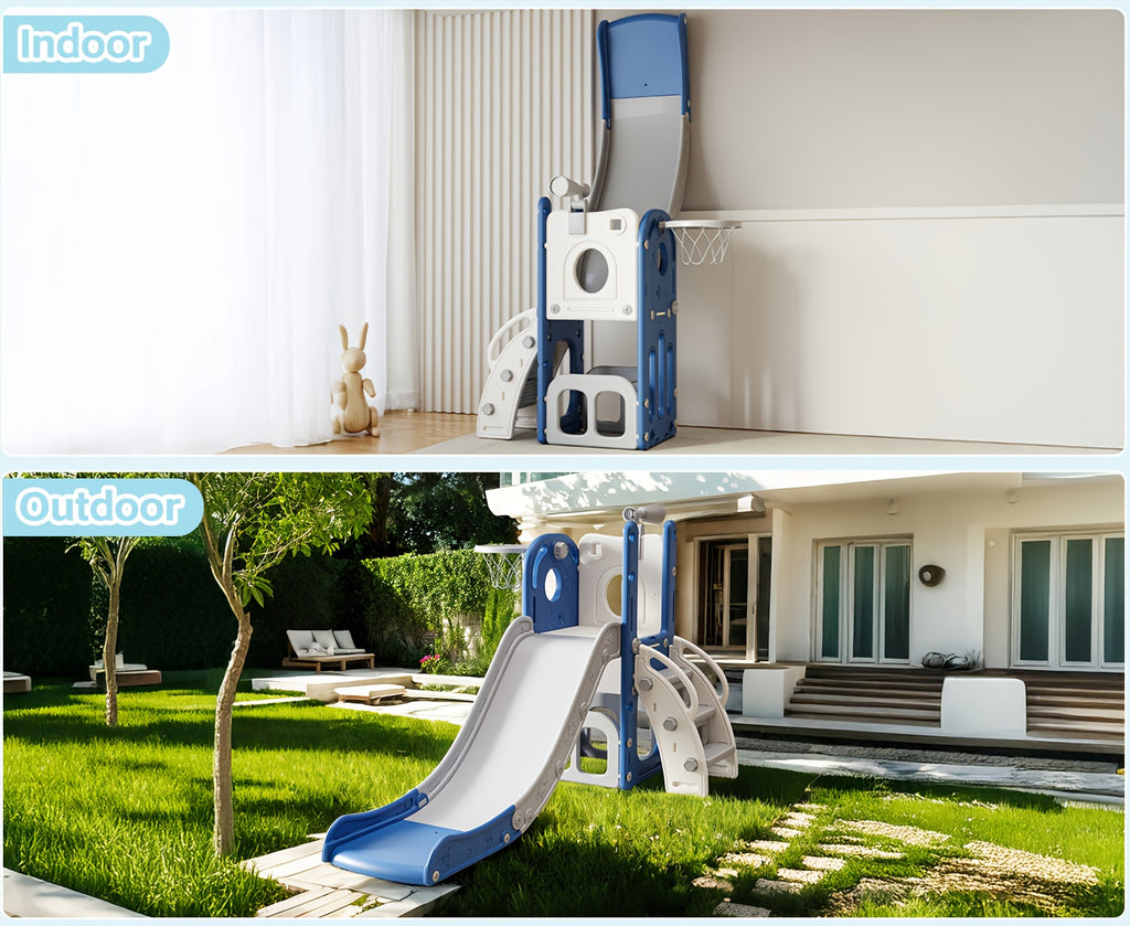 Toddler Slide Kids Climber Slides Baby Slider for Toddler, L Shaped Indoor Outdoor Playground Playset with Basketball Hoop, Storage, Telescope Toy Easy Assembly Gift for Boys And Girls