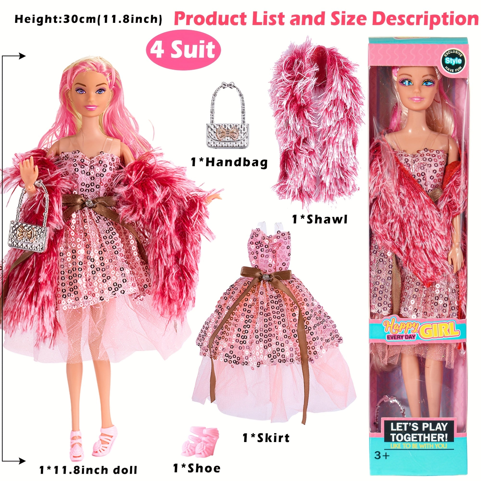 11.5 Inch American Toy Princess Dolls Playset Featuring 6 Pack Fashion with Outfits, Additions Including Handbag, Hat, Crown, Necklace, And Suitcase (Gift Box Included)