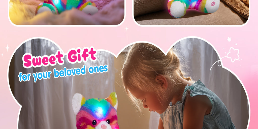 Musical Glowing Rainbow Cat Stuffed Animal, Mother'S Day Gift Glow in The Dark Plush Toy, Cuddly Night Companion Toy, Soft Cute Playing Doll, Adorable Birthday Gift Plush Toy for Kids