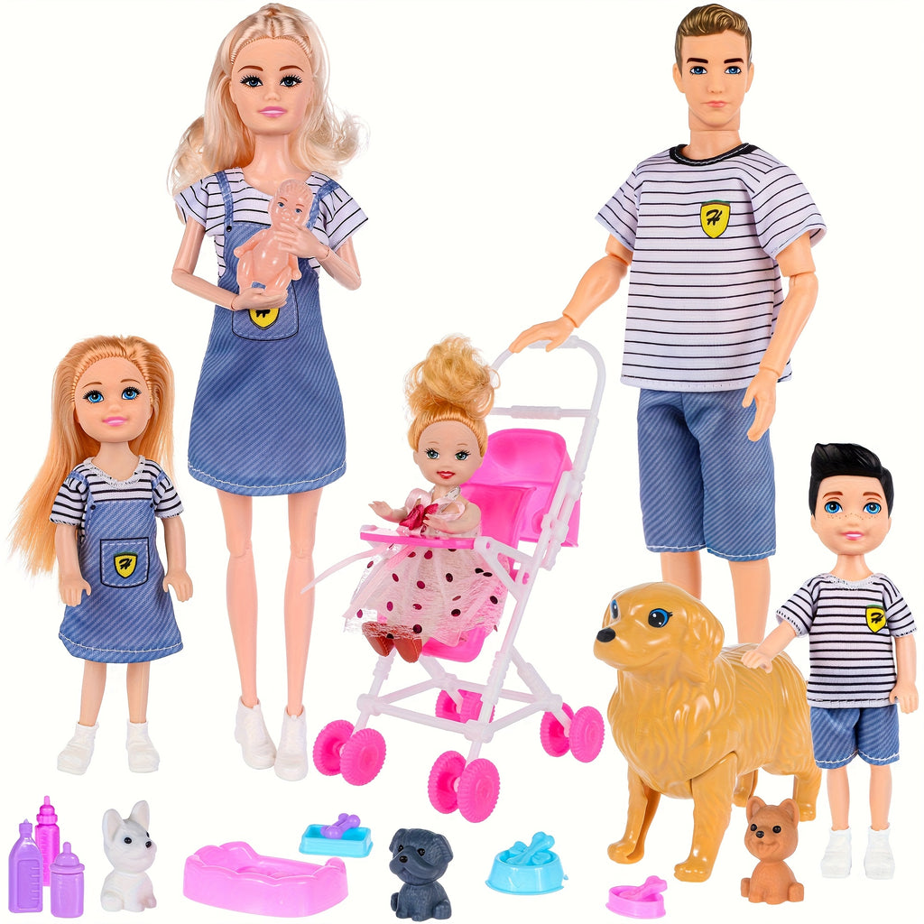 Family Doll Toy Set, Collectible Dolls with Pets and Other Accessories, Holiday and Birthday Gifts for Kids Ages 3+, 6 Dolls